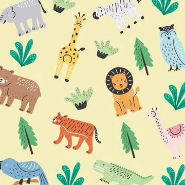 Wild animals doodle pattern Illustrazione stock