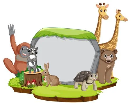Wild Animals Gather Around Empty Stone Banner Stock Illustration