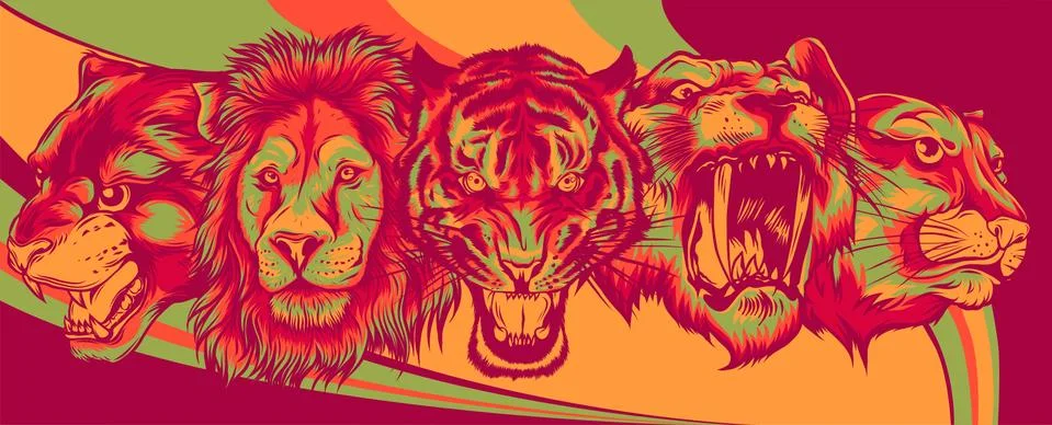 Wild Animals Heads Set. Lion, Tiger, Jaguar, Lynx - Vector Mascot Logo Design Stock Illustration