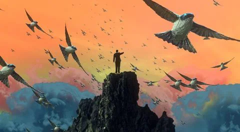 Wild animals. Human standing on an edge. Imaginary world. Alternative realm. Stock Illustration