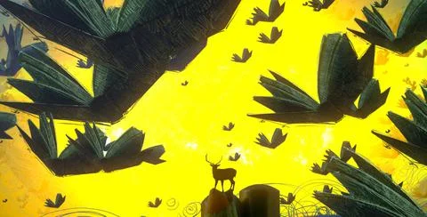 Wild animals. Human standing on an edge. Imaginary world. Alternative realm. Stock Illustration