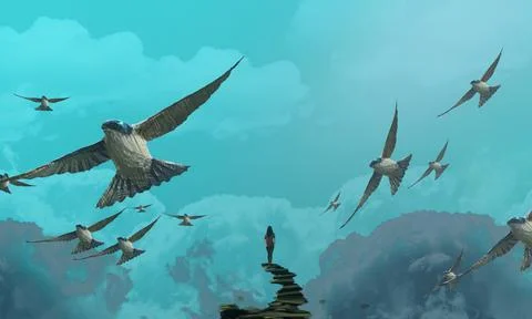Wild animals. Human standing on an edge. Imaginary world. Alternative realm. Stock Illustration