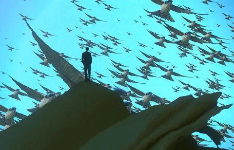Wild animals. Human standing on an edge. Imaginary world. Alternative realm. Stock Illustration