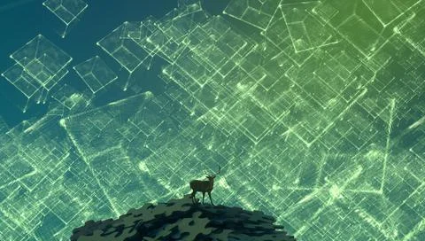 Wild animals. Human standing on an edge. Imaginary world. Alternative realm. Ilustración de archivo