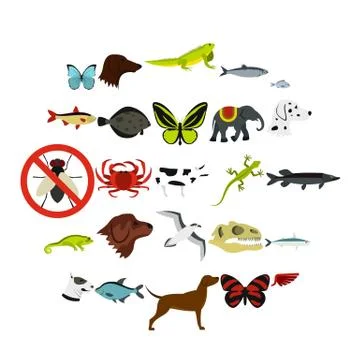 Wild animals icons set, flat style Stock Illustration