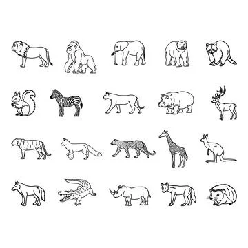 Wild Animals Icons. Vector Illustrations of Lion, Gorilla, Elephant, Bear, .. Stock Illustration