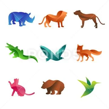 Wild animals jungle pets logo silhouette of geometric polygon abstract character Stock Illustration