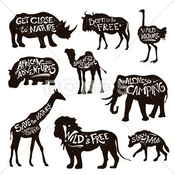 Wild Animals Lettering Black Icons Set Stock Illustration