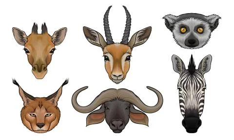 Wild Animals Muzzles Vector Set. Highly Detailed Neb Collection Stock Illustration