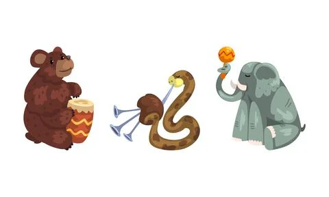 Wild Animals Playing Musical Instruments Set, Bear, Snake, Elephant Playing Drum Stock Illustration