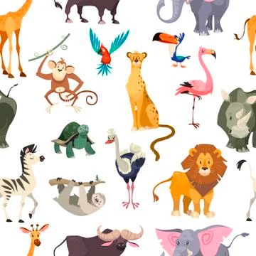 Wild animals seamless pattern. African safari print jungle zoo tropical leaves Stock Illustration