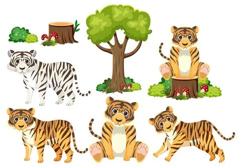 Wild animals set with nature elements 스톡 일러스트