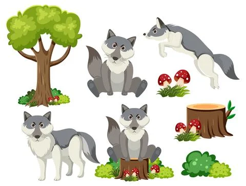 Wild animals set with nature elements Stock Illustration