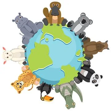 Wild Animals Sitting on a Globe Stock Illustration
