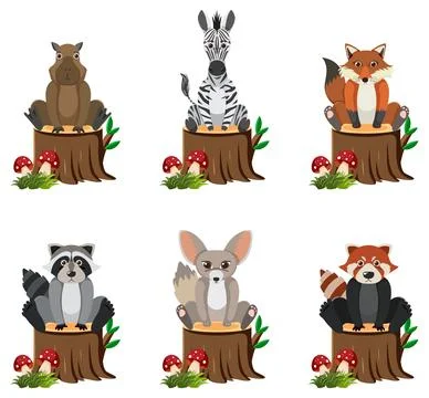 Wild Animals Sitting on Tree Stump Illustrazione stock