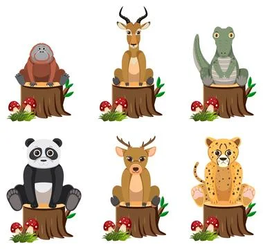 Wild Animals Sitting on Tree Stump Stockillustratie