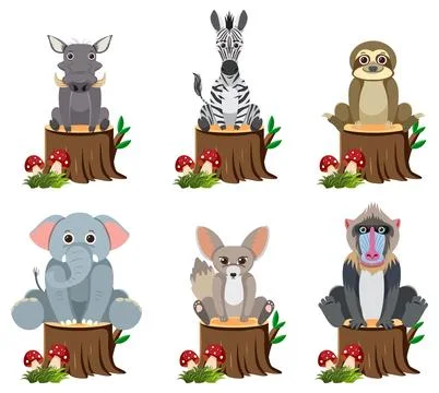 Wild Animals Sitting on Tree Stump Stockillustratie
