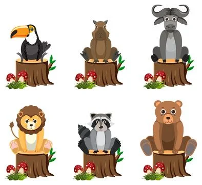 Wild Animals Sitting on Tree Stump Stockillustratie