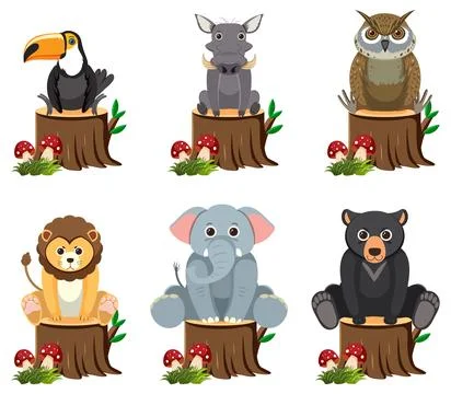 Wild Animals Sitting on Tree Stump Illustrazione stock