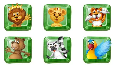 Wild animals on square buttons Stock Illustration
