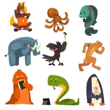 Wild animals using gadgets set, horse, octopus, fish, elephant, crow, dog, snake 스톡 일러스트