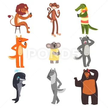 Wild animals using gadgets set, lion, monkey, crocodile, fox, koala, cat, whale Stock Illustration