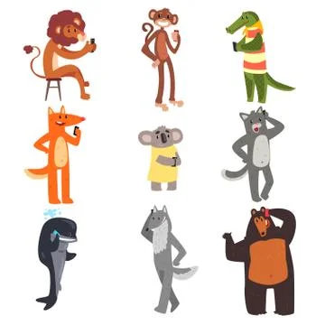 Wild animals using gadgets set, lion, monkey, crocodile, fox, koala, cat, whale 스톡 일러스트