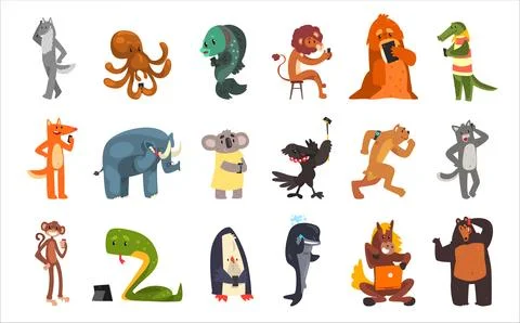 Wild animals using modern electronic devices set. Wolf, octopus, lion, koala イラスト素材