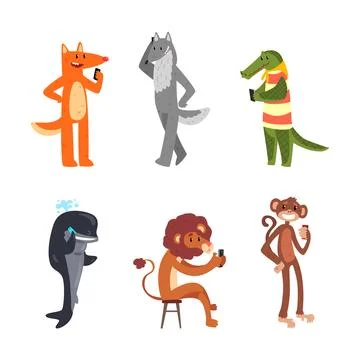 Wild Animals Using Modern Gadgets and Mobile Device Vector Set Stock Illustration