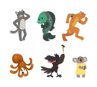 Wild Animals Using Modern Gadgets and Mobile Device Vector Set Stock Illustration