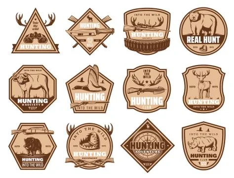 Wild animals vector icons and hunting equipment Stock Illustration
