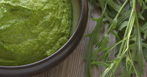 Wild arugula pesto. Stock Footage 280768434