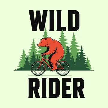 Wild bear riding bicycle in forest with trees and green background tshirt design Stock Illustration