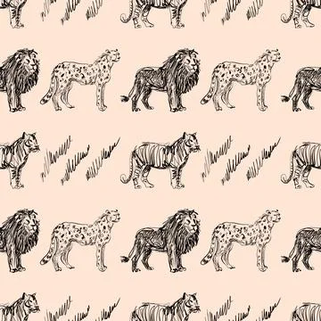 Wild Big Cats Seamless Pattern Scribble Line Art Vector, Hand Drawn Lions Tigers Stock Illustration