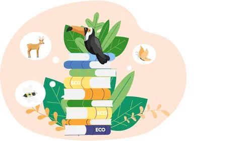 Wild bird surrounded by illustrations of other animals. Toucan is standing on 库存插图