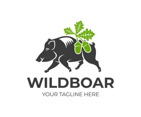 Wild boar and oak leaves with acorns, logo design Stock Illustration