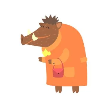 Wild Boar Dressed As Old Lady With Coat And Purse, Forest Animal Dressed In Stock Illustration