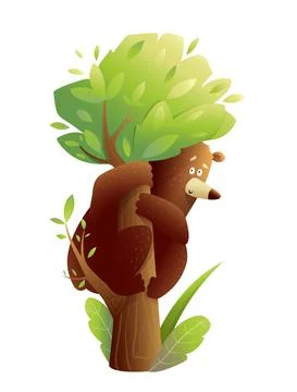 Wild Brown Bear Climbing Tree Trunk Stock Illustration
