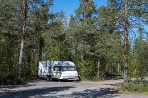 Wild camping, caravan Stock Photos