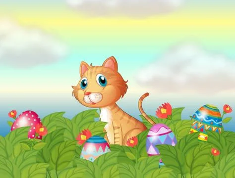 A wild cat and the easter eggs Stock Illustration