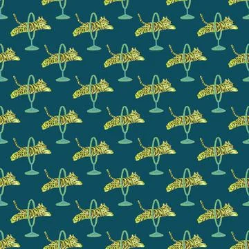 Wild cat seamless pattern with doodle jumping yellow tigers acroos rings prin イラスト素材