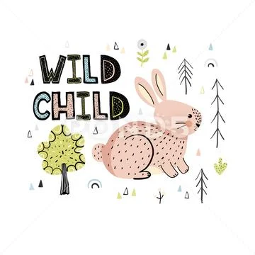Wild Child hand drawn lettering quote with a cute rabbit Stock Illustration