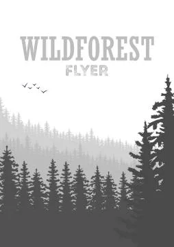 Wild coniferous forest flyer background. Pine tree, landscape nature, wood .. 스톡 일러스트
