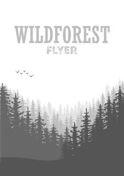 Wild coniferous forest flyer background. Pine tree, landscape nature, wood .. 库存插图