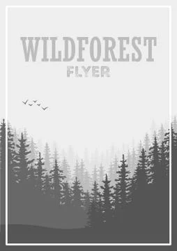 Wild coniferous forest flyer background. Pine tree, landscape nature, wood .. 스톡 일러스트