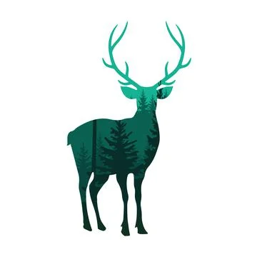 Wild deer in forest vector illustration. Silhouette of nature. 스톡 일러스트