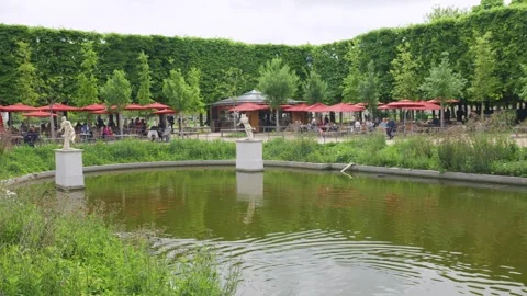 Wild ducks, mallards swim in a charming pond Exedre with its statues.  Stock Footage 310188674