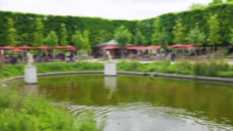 Wild ducks, mallards swim in a charming pond Exedre with its statues.  Video stock 310835472