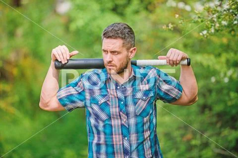 Wild energy. Power and strength. Feel my strength. Man unshaven strict face hold Stock Photos