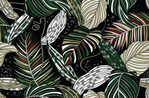Wild exotic flowers orchids and tropical leaves Illustrazione stock